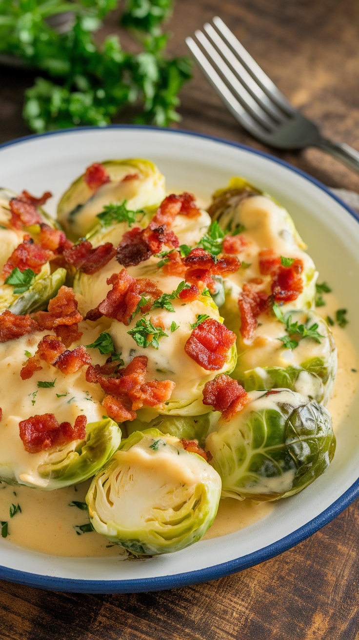 Savory Creamy Brussels Sprouts with Bacon A bowl of creamy Brussels sprouts with bacon, garnished with parsley, on a rustic table.